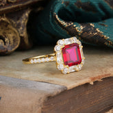 2.5CT Radiant Cut Ruby Engagement Ring Pave Halo Bridal Ring